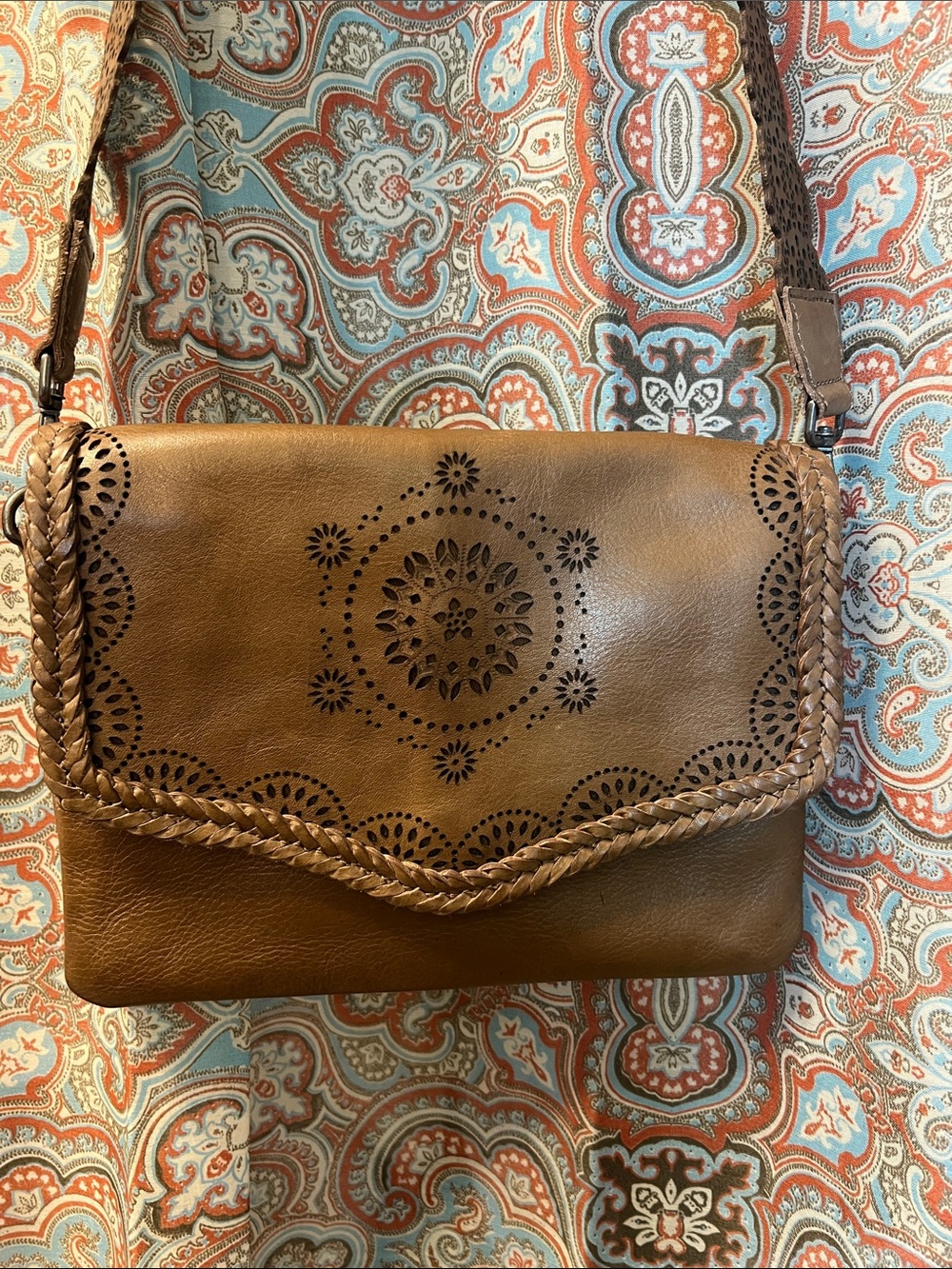Brown Leather Crossbody Bag with Laser-Cut Floral Accents